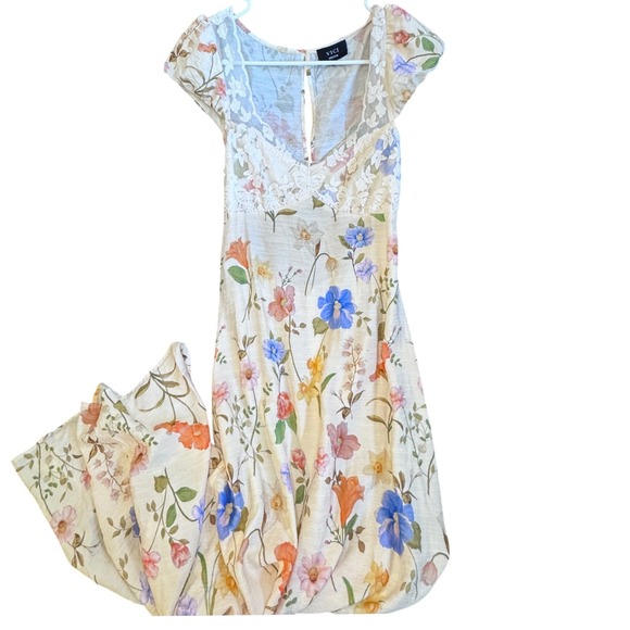 Vici Dresses & Skirts - VICI Floral Lace Bodice Open Back Maxi Dress Cream Blue Orange Womens Medium